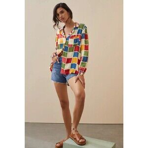 Farm Rio Anthropologie Blouse Womens Medium Mosaic Puff Sleeve Multicolor